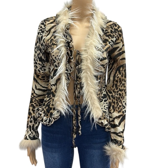 ROMWE Tops - Leopard Print Faux Fur Long Sleeve Tie Front Ruffle Lightweight Cardigan Top M